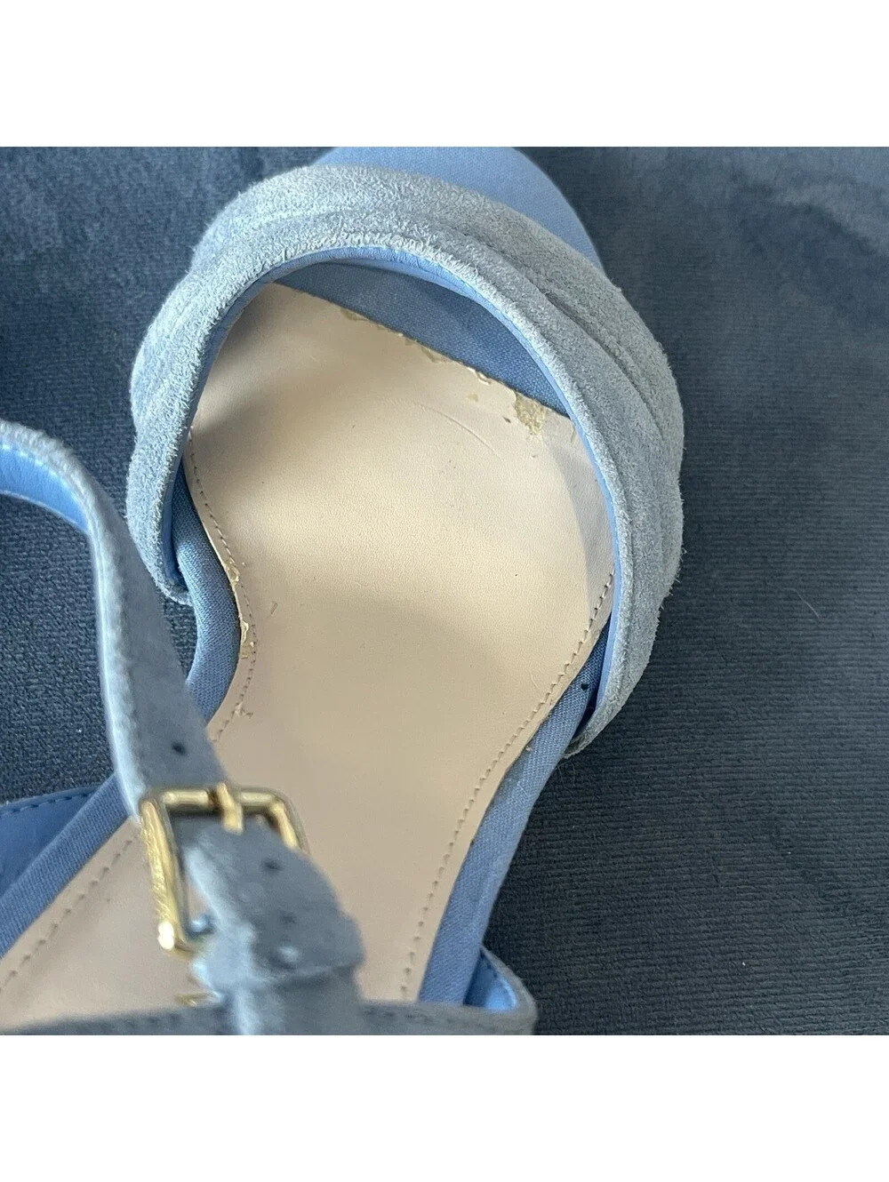 Cole Haan Woman's 6B Jasmine  Espadrille Wedge Blue Suede Gold 3” Heel Sandals